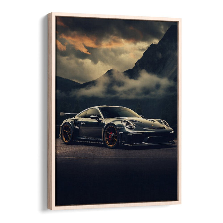Stylish PORSCHE CREATIVE II, CAR POSTERS showcase iconic automotive design in a stunning oak wood floater frame.