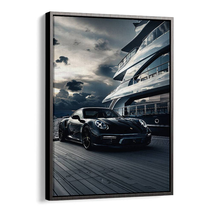 Transform your space with PORSCHE CREATIVE III, CAR POSTERS featuring a sleek black car against a luxury yacht backdrop.