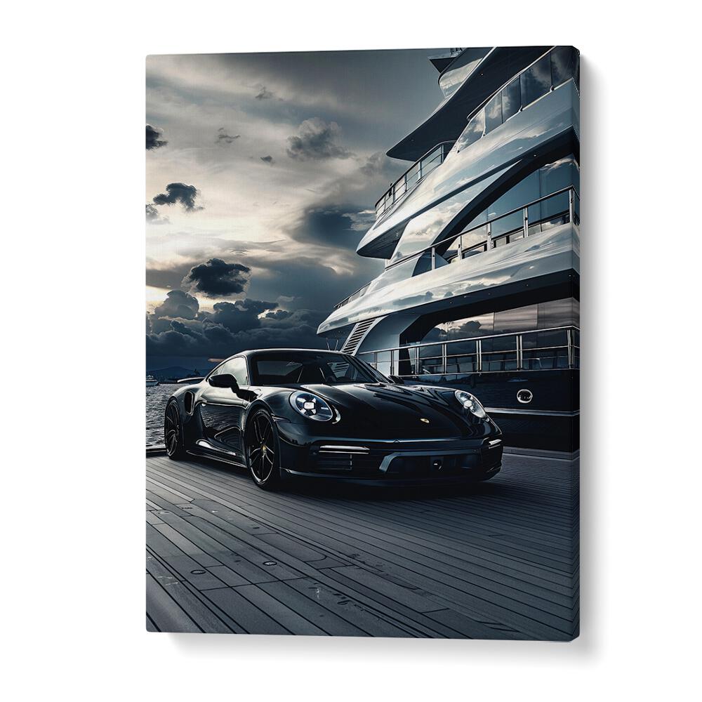 Transform your space with PORSCHE CREATIVE III, CAR POSTERS featuring a sleek black Porsche beside a luxury yacht.