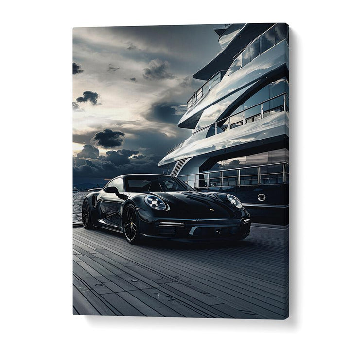 Transform your space with PORSCHE CREATIVE III, CAR POSTERS featuring a sleek black Porsche beside a luxury yacht.