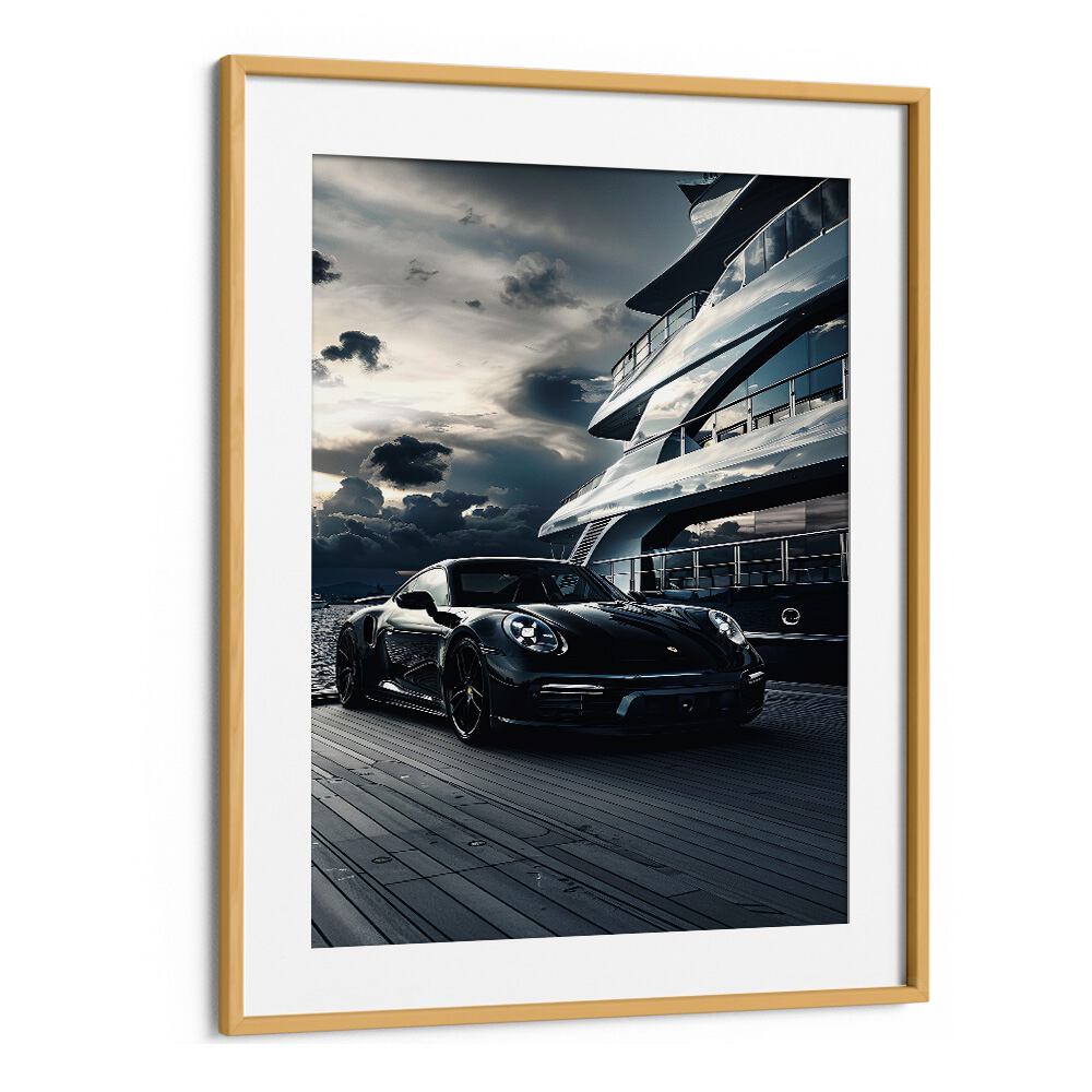 Elevate your space with PORSCHE CREATIVE III, CAR POSTERS featuring a stunning black sports car in a chic setting.