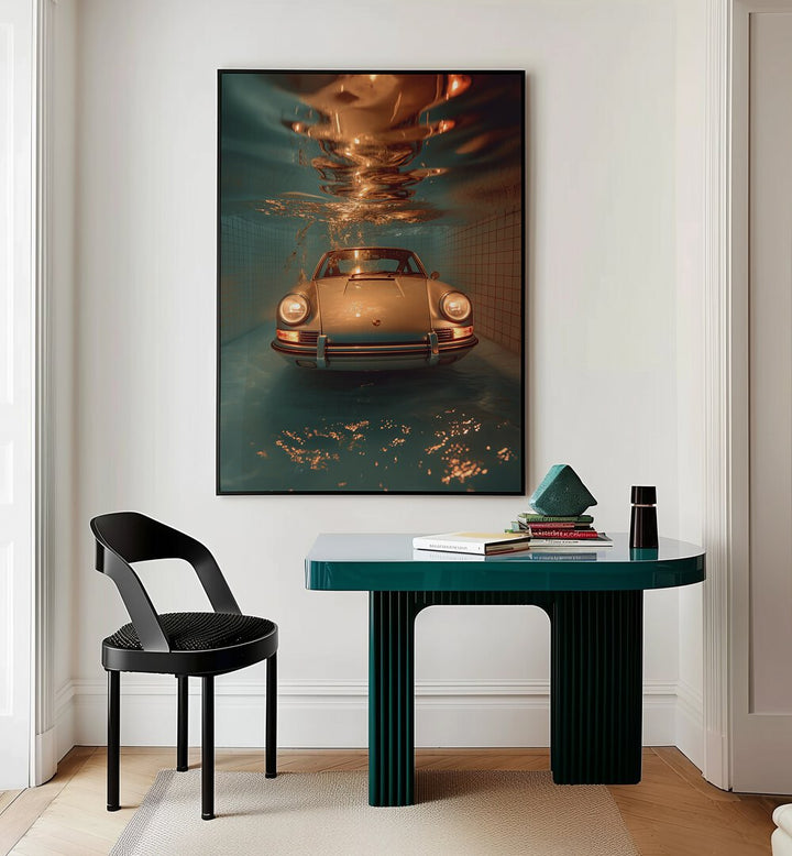 Transform your space with stunning PORSCHE CREATIVE IV, CAR POSTERS showcasing a classic car in a unique setting.