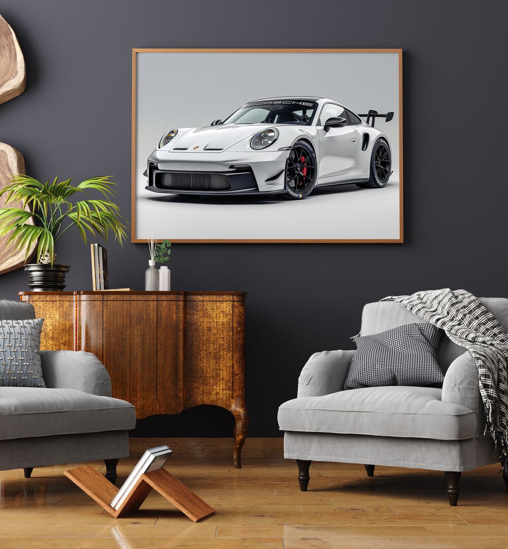 Porsche Creative IX Car Posters Automotive Wall Art Prints in Oak Wood Plain Frame placed on a Dark Grey Colored Wall in the Living Room