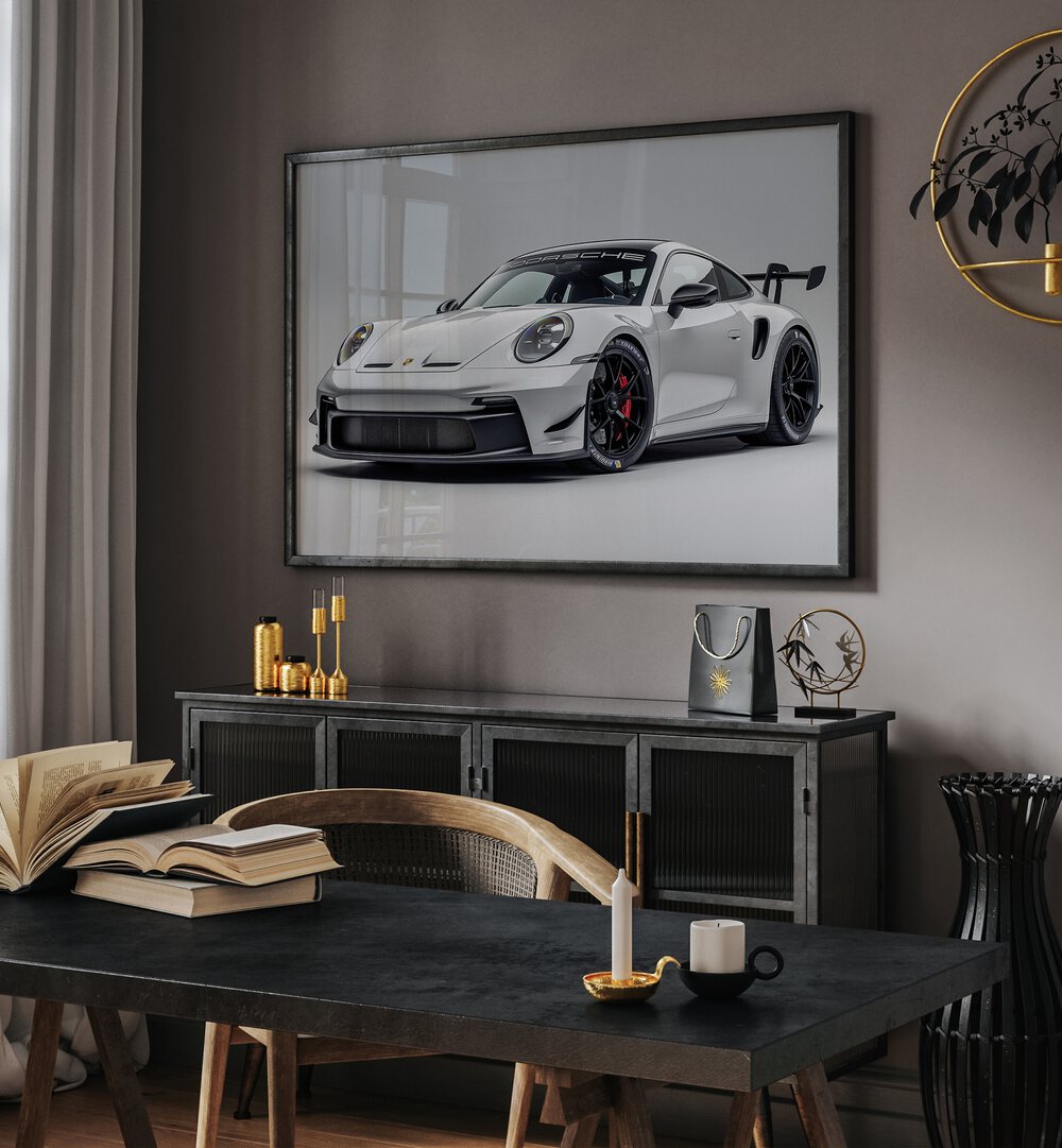 Porsche Creative IX Car Posters Automotive Wall Art Prints in Black Plain Frame placed on a Dark Grey Colored Wall above a Console Table in the Drawing Room