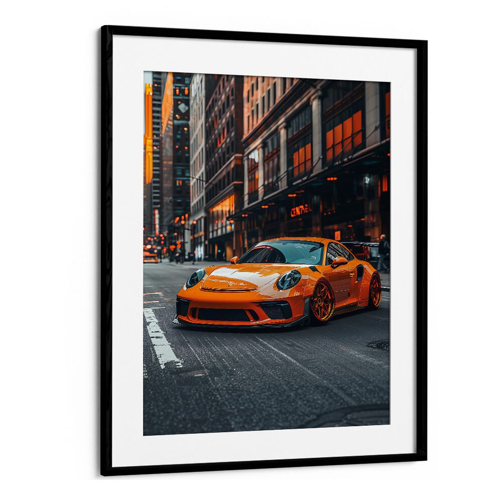 Rev up your space with PORSCHE CREATIVE V, CAR POSTERS showcasing an eye-catching orange sports car in an urban setting.