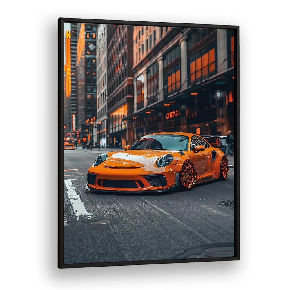 Revitalize your decor with PORSCHE CREATIVE V, CAR POSTERS showcasing a vibrant orange Porsche in an urban setting.
