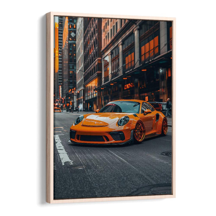 Transform your space with PORSCHE CREATIVE V, CAR POSTERS featuring a striking orange Porsche in an urban setting.