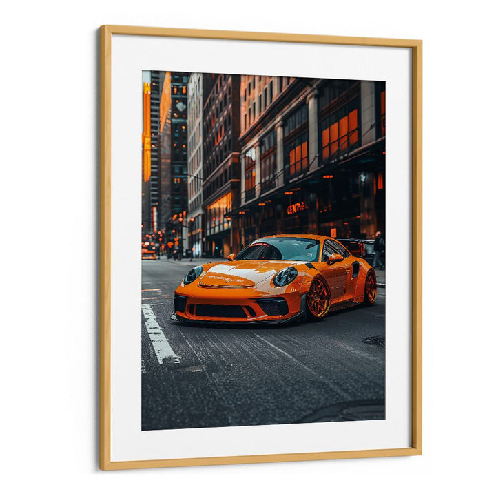 Transform your space with PORSCHE CREATIVE V, CAR POSTERS featuring a striking orange Porsche on city streets.