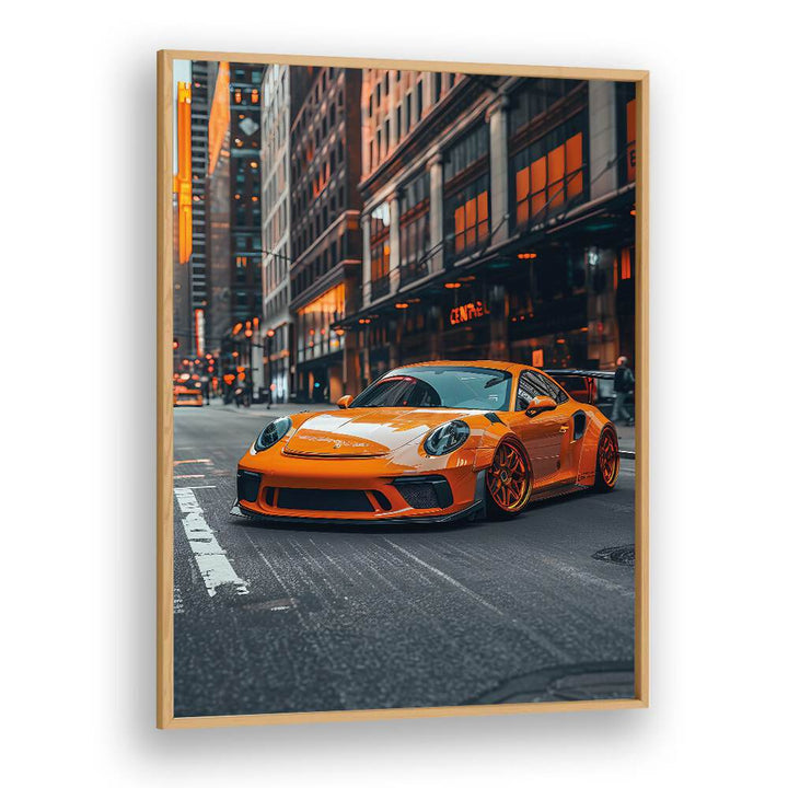 Transform your space with PORSCHE CREATIVE V, CAR POSTERS featuring a vibrant orange Porsche in an urban setting.