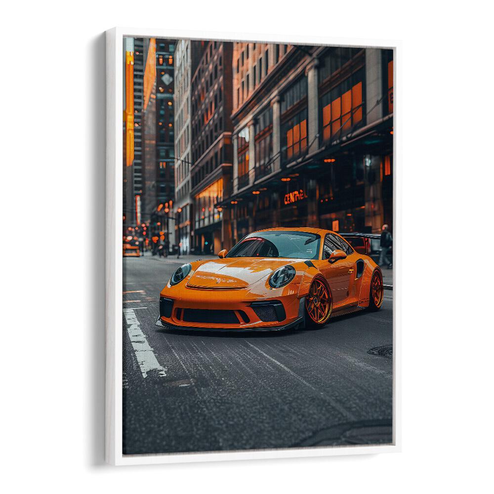 Rev up your space with PORSCHE CREATIVE V, CAR POSTERS featuring a striking orange Porsche in an urban setting.
