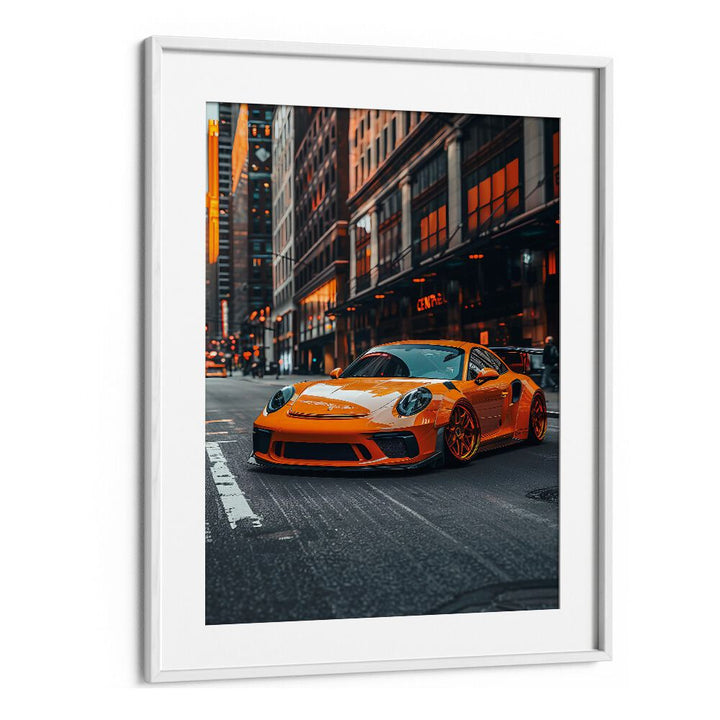Transform your space with PORSCHE CREATIVE V, CAR POSTERS featuring a striking orange Porsche in an urban setting.