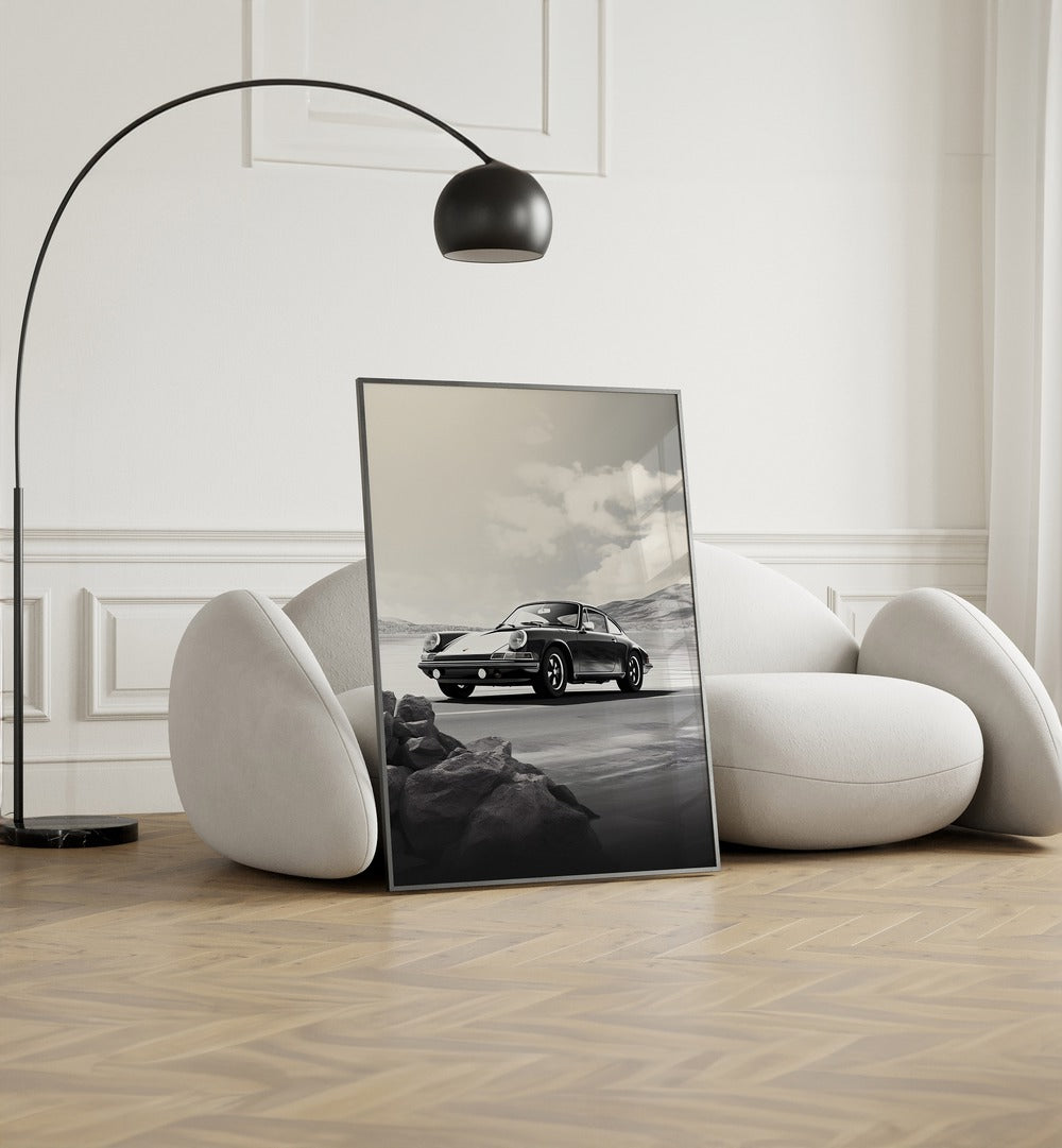 Stylish PORSCHE CREATIVE VI, CAR POSTERS displayed in a modern space, perfect for automotive art enthusiasts.