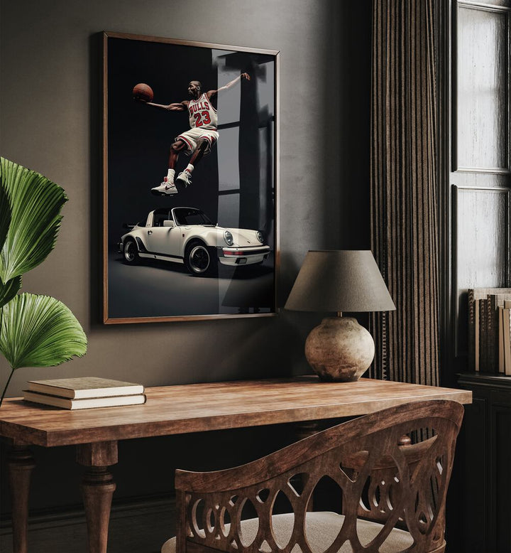 Porsche Creative VII Car Posters Automotive Wall Art Prints in Dark Wood Plain Frame placed on a Dark Brown Colored Wall Above a Study Table in a Workspace in the Drawing Room