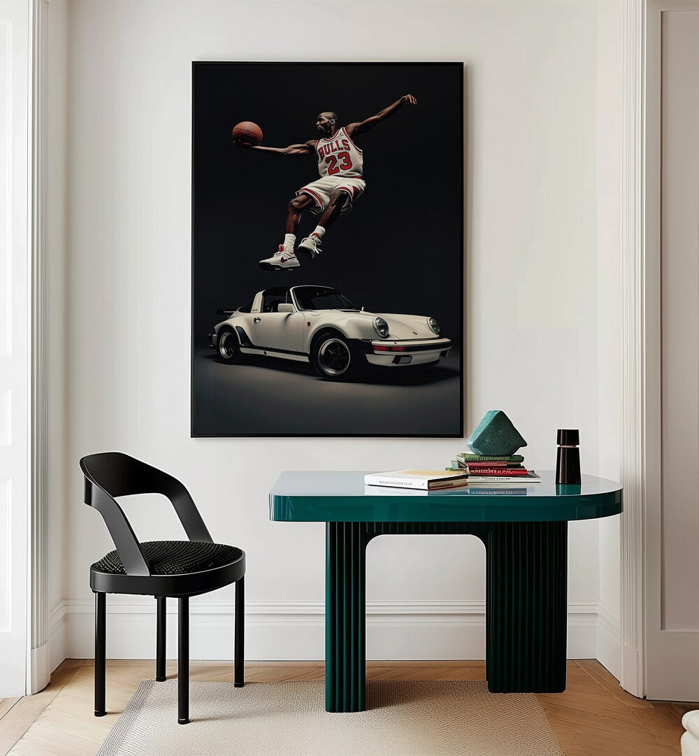 Porsche Creative VII Car Posters Automotive Wall Art Prints in Oak Wood Plain Frame placed on a Cream Colored Wall near a Study Table in a Workspace in the Drawing Room