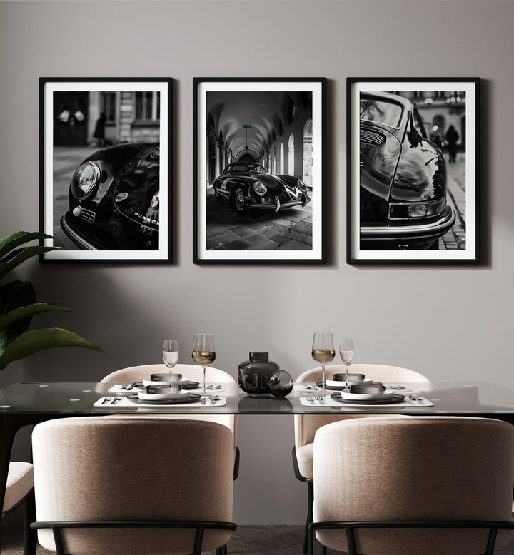 Porsche Set Set Of 3 Paintings in Black Frame With Mount placed on a wall behind a dining table  for dining area