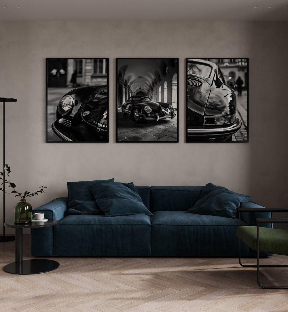 Porsche Set Set Of 3 Paintings in Black Plain Frame placed on a beige wall behind a blue sofa for living room