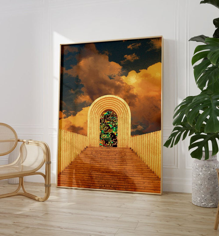 Portal By Cosmo Zach Surreal Art Prints Surrealism in Oak Wood Plain Frame placed on the floor between a chair and a plant