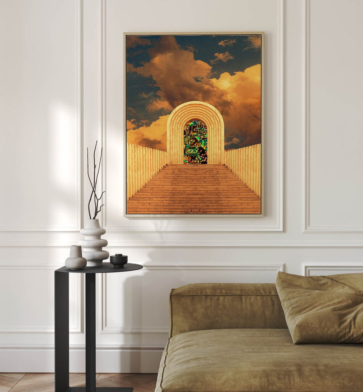 Portal By Cosmo Zach Surreal Art Prints Surrealism in Oak Wood Floater Frame placed on a white wall behind a sofa