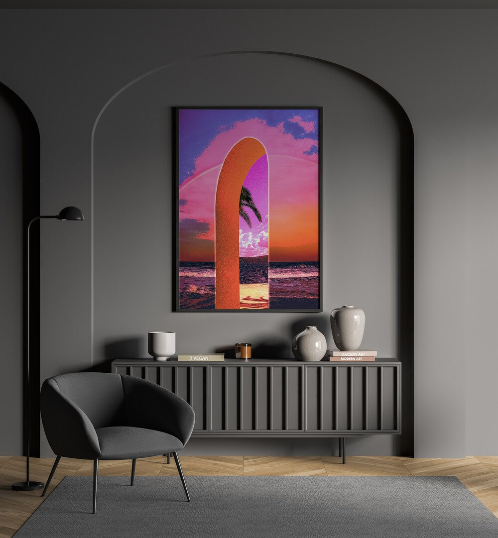 Portal Vaporwave By Cosmo Zach Surreal Art Prints Surrealism in Black Plain Frame placed on a wall behind a console table