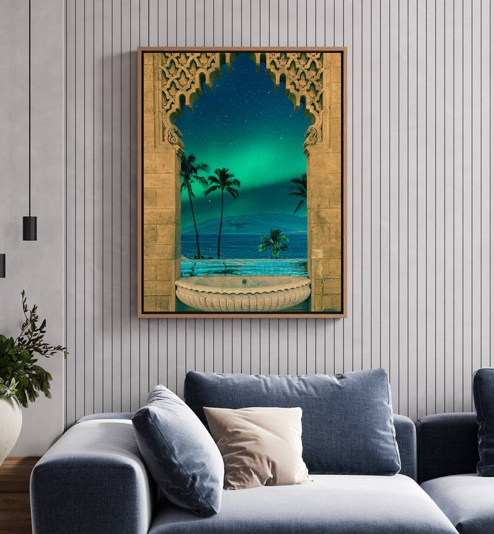 Portal in to the Night By Cosmo Zach Surreal Art Prints Surrealism in Oak Wood Floater Frame placed on a wall behind a sofa