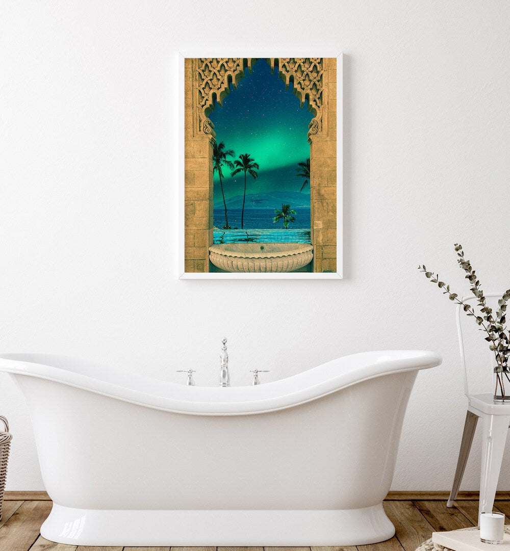 Portal in to the Night By Cosmo Zach Surreal Art Prints Surrealism in White Plain Frame placed on a bathroom wall beside a bathtub