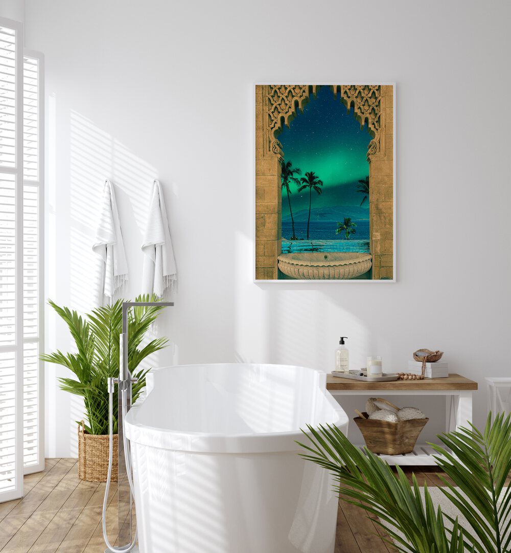 Portal in to the Night By Cosmo Zach Surreal Art Prints Surrealism in White Plain Frame placed bathroom wall behind a bathtub