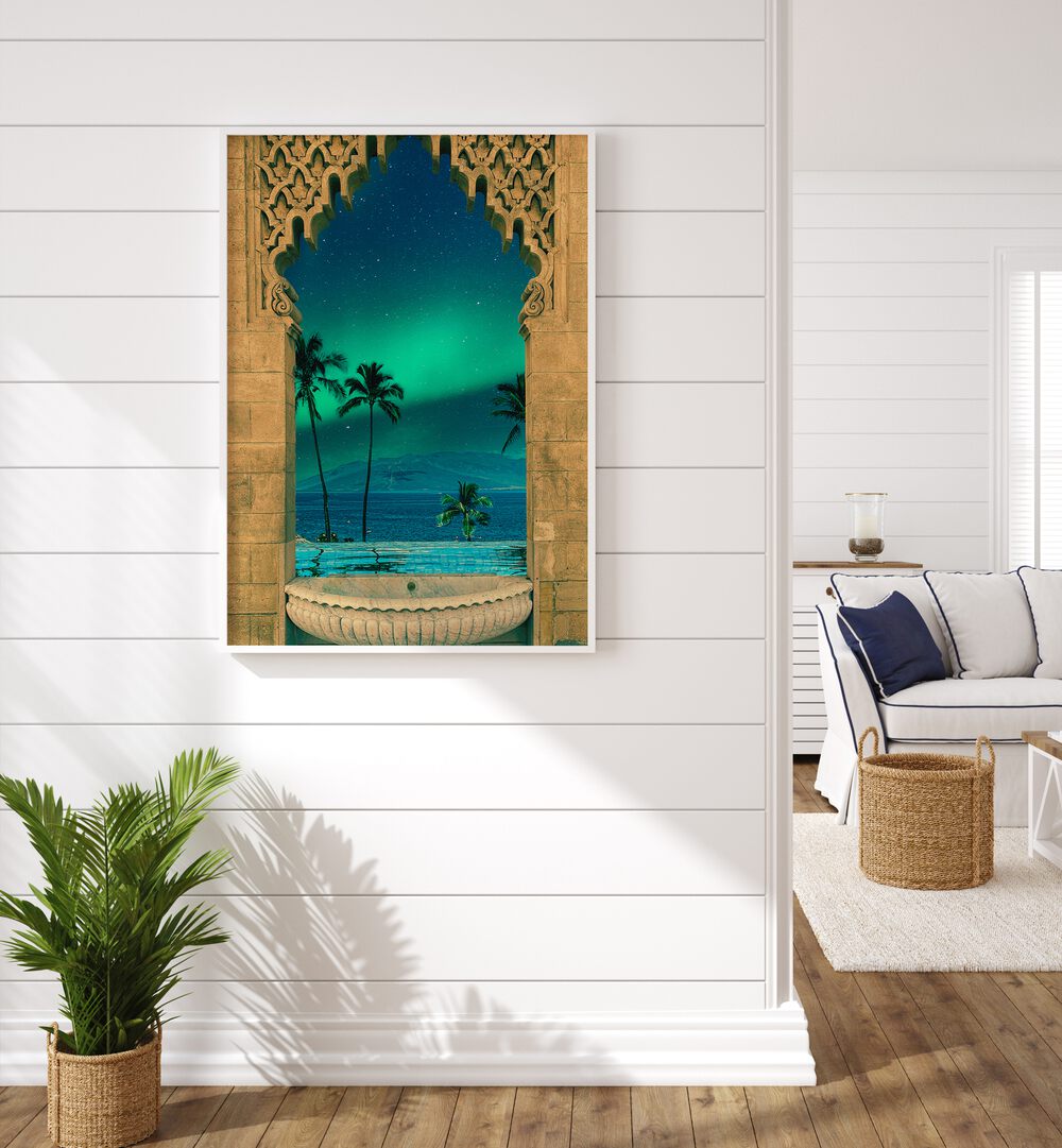 Portal in to the Night By Cosmo Zach Surreal Art Prints Surrealism in White Plain Frame placed on a wall beside a plant