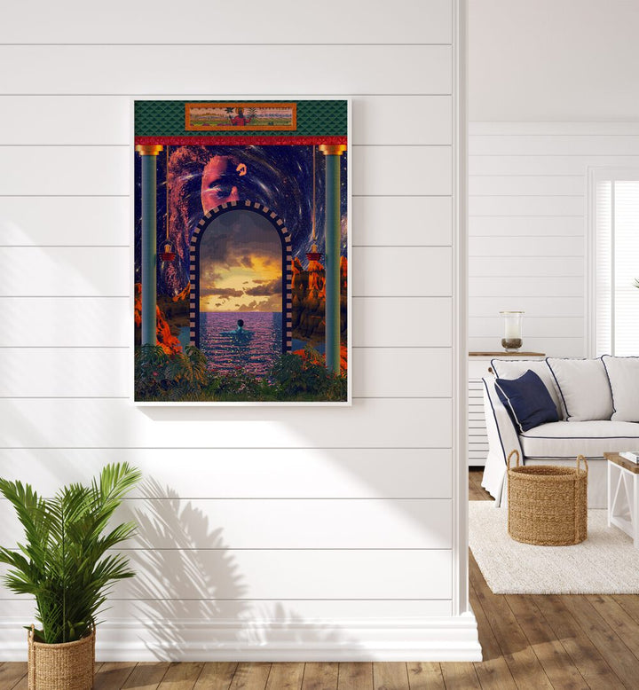 Portal to an Ocean ii By Cosmo Zach Surreal Art Prints Surrealism in White Plain Frame placed on a wall beside a plant