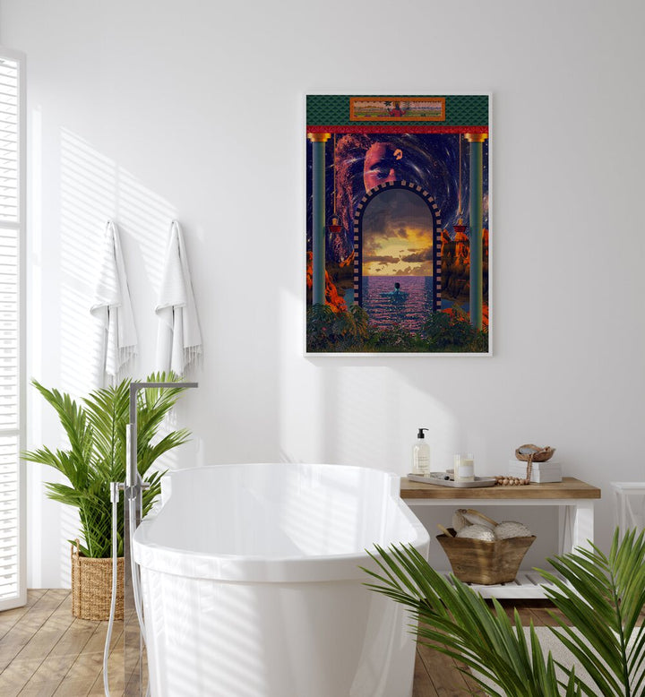 Portal to an Ocean ii By Cosmo Zach Surreal Art Prints Surrealism in White Plain Frame placed on a bathroom wall behind a bathtub