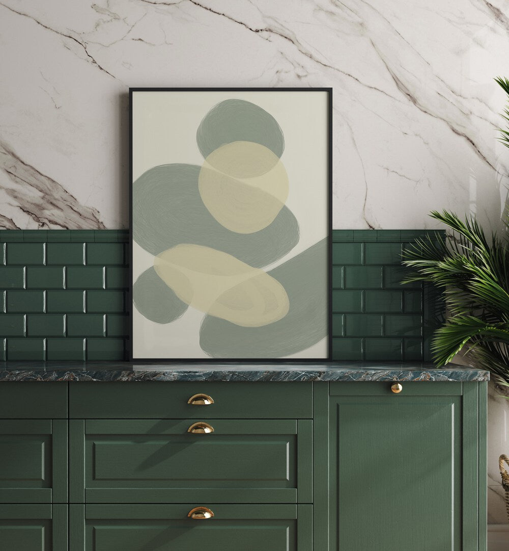 Portare by Yopie Studio Abstract Paintings Abstract Art Prints in Black Plain Frame placed on a kitchen counter beside a plant for kitchen