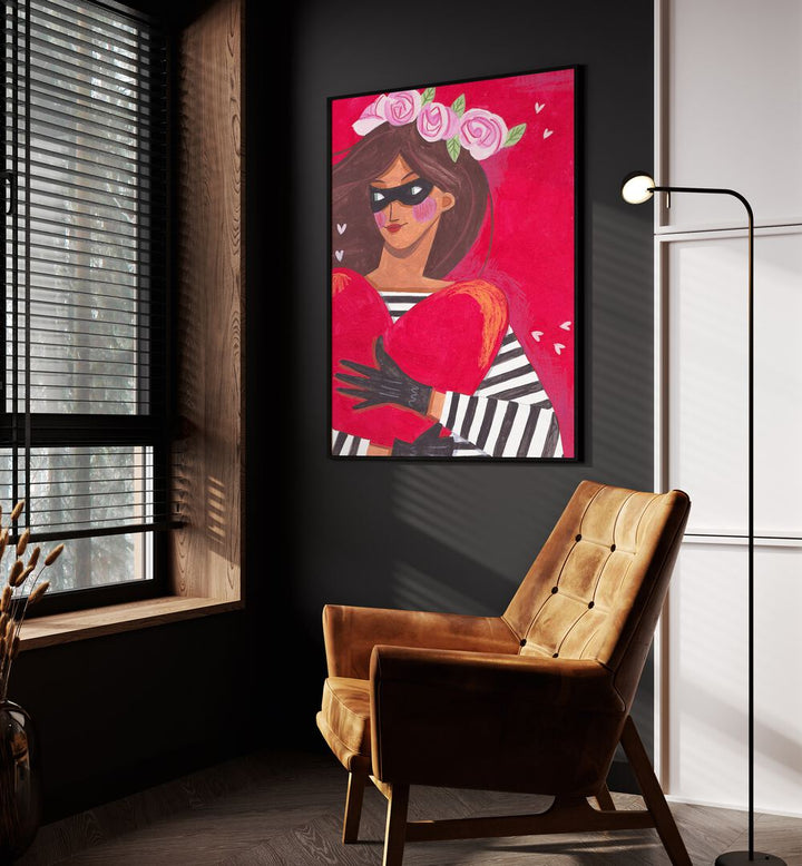 Portrait Woman You Stole My Heart By Caroline Bonne Muller Women Illustration Paintings in Black Plain Frame on a wall beside an orange sofa