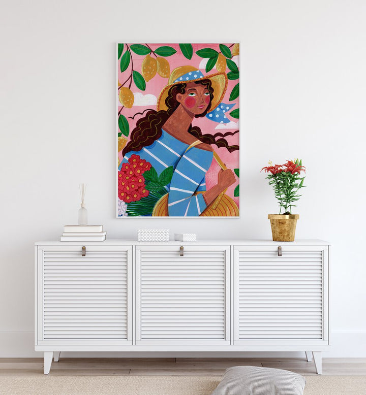 Portrait Woman in Amalfi Coast Italy By Caroline Bonne Muller Women Paintings in White Plain Frame on a white wall above a console table 