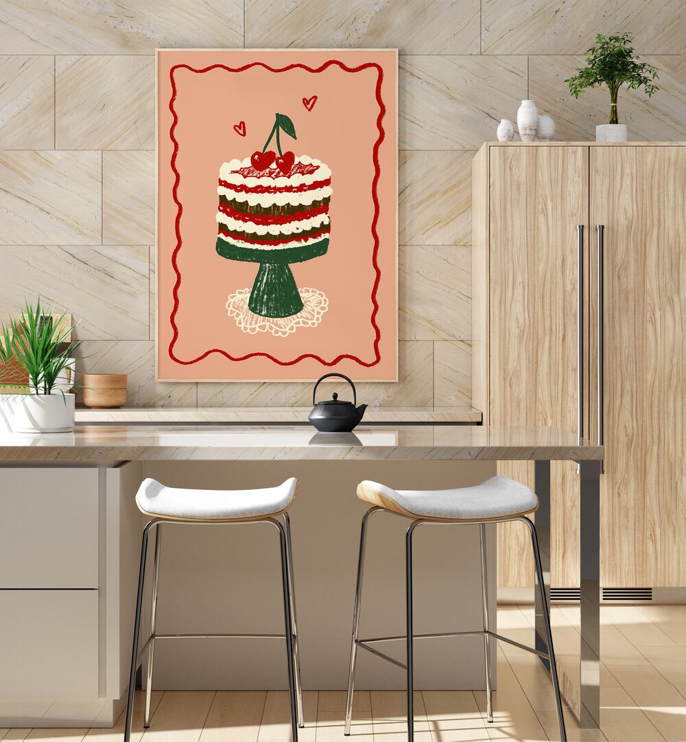 Poster Kirsch Torte Up by Studio Dolci Kitchen Posters in Oak Wood Plain Frame placed on a wall above a kitchen counter for kitchen area