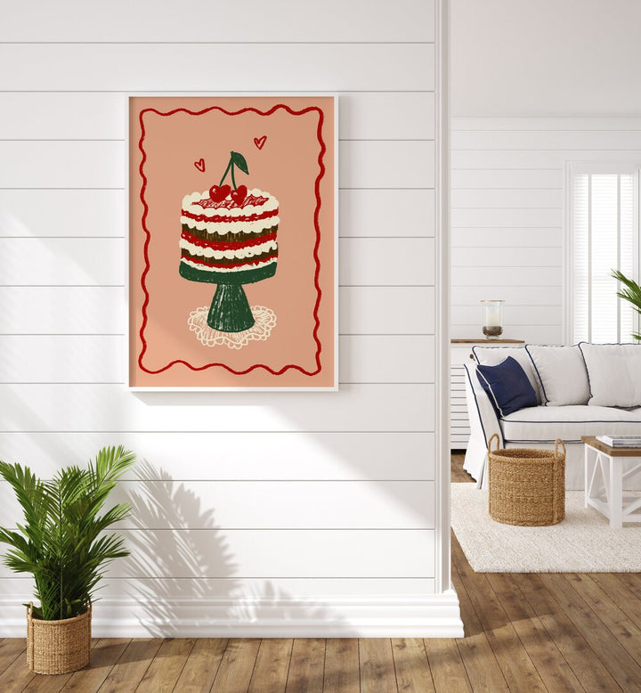 Poster Kirsch Torte Up by Studio Dolci Kitchen Posters in White Plain Frame placed on a wall beside a plant