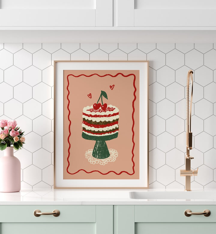 Poster Kirsch Torte Up by Studio Dolci Kitchen Posters in Oak Wood Frame With Mount placed on a kitchen counter for kitchen area