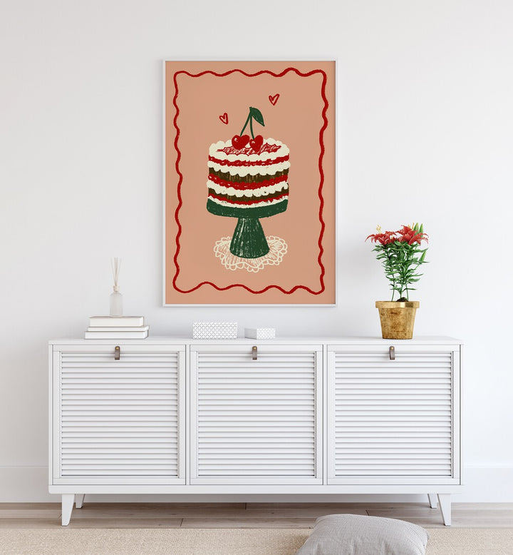 Poster Kirsch Torte Up by Studio Dolci Kitchen Posters in White Plain Frame placed on a wall behind a white console table