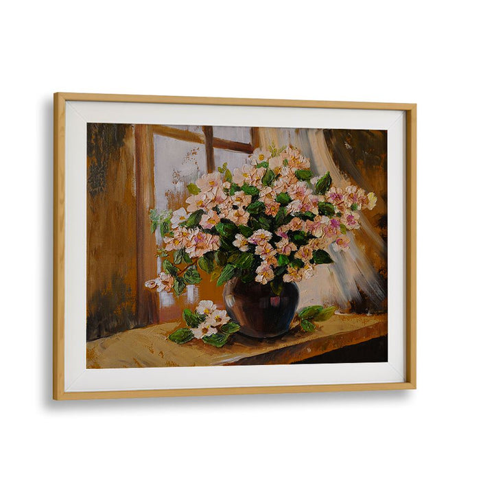 Potted Petals Vintage European Paintings in Oak Wood Frame With Mount