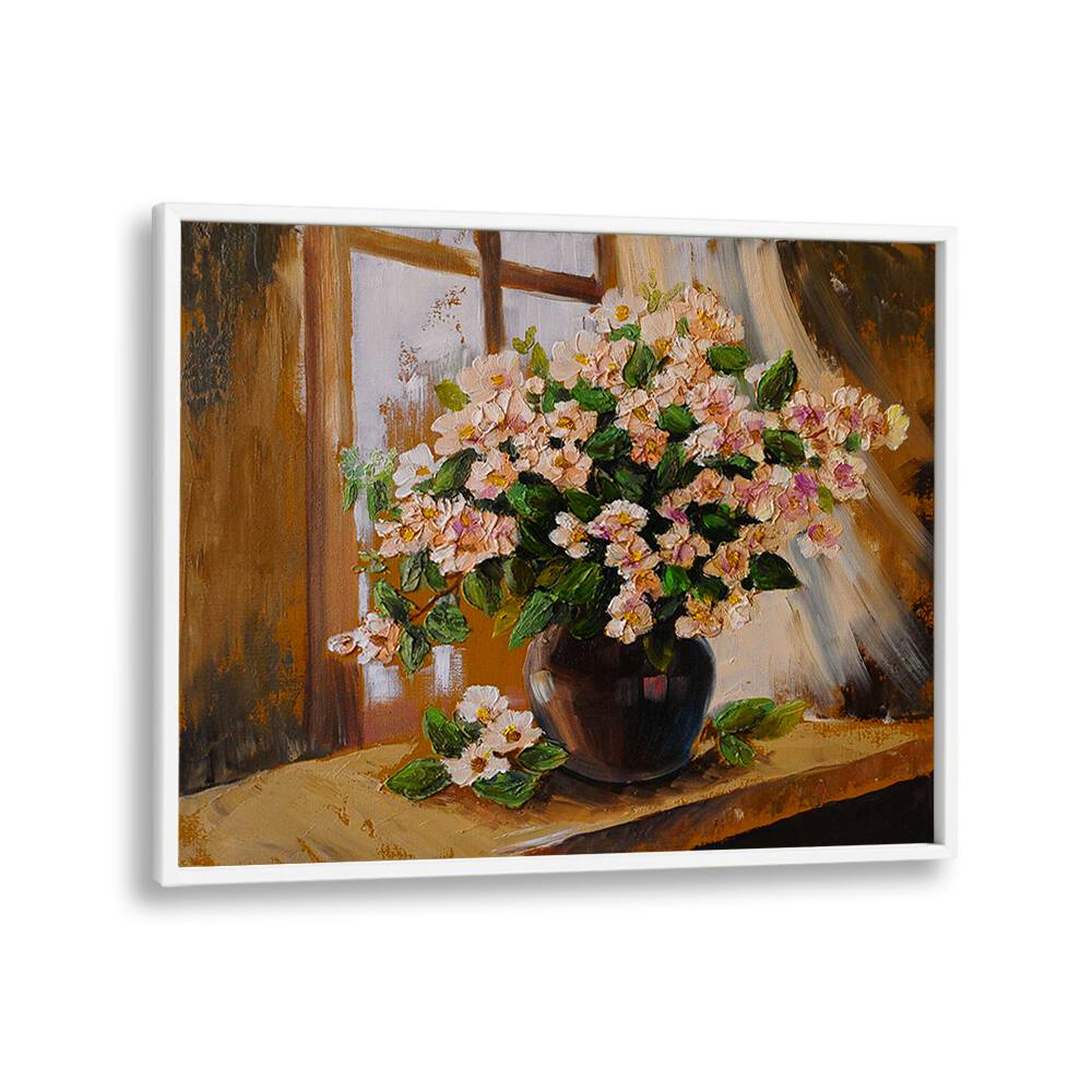 Potted Petals Vintage European Paintings in White Plain Frame