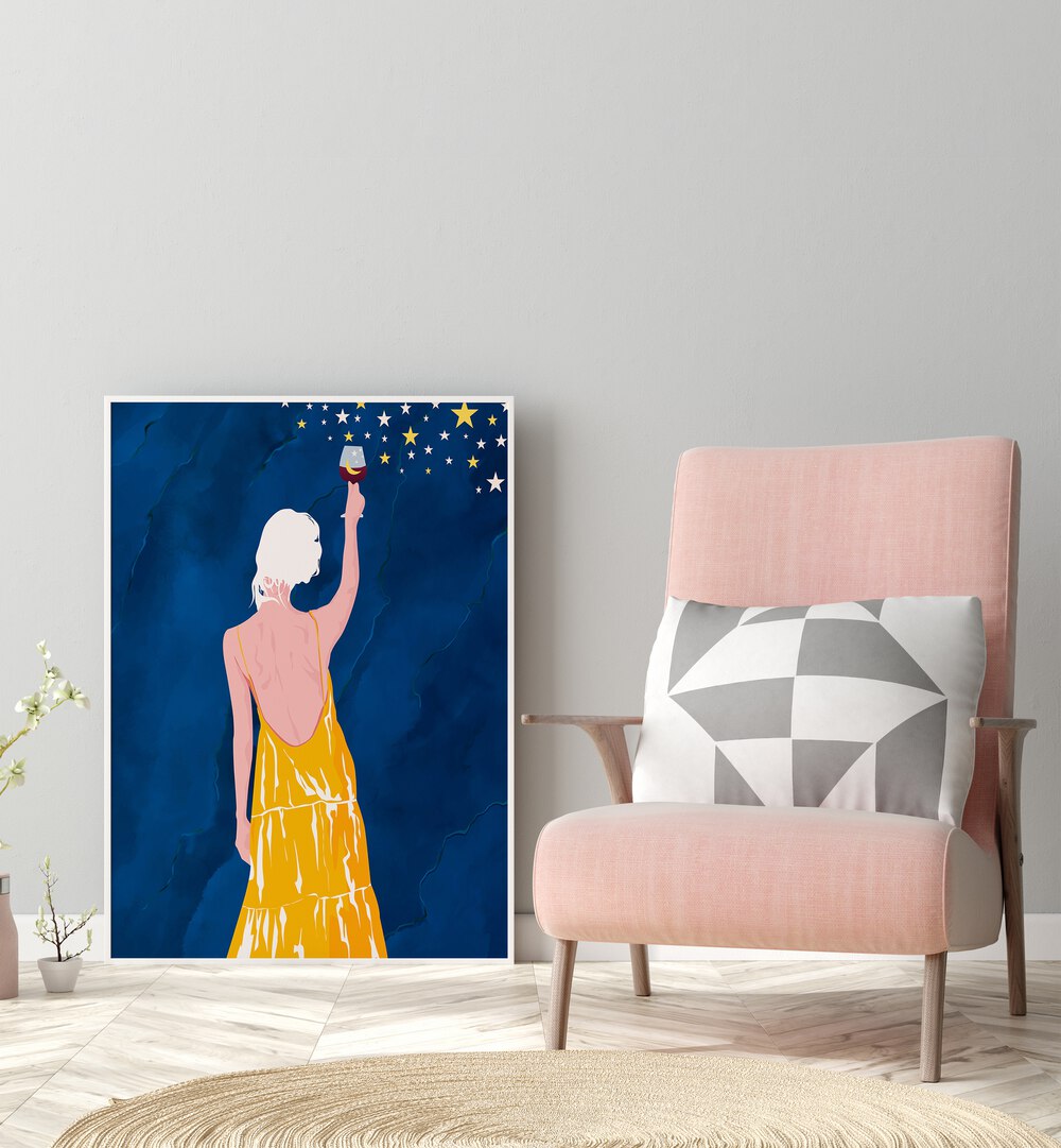 Pour Me Some Magic By Uma Gokhale Woman Illustration Paintings in White Plain Frame on a wooden floor beside a pink chair