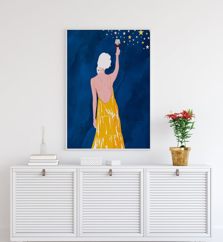 Pour Me Some Magic By Uma Gokhale Woman Illustration Paintings in White Plain Frame on a white wall above a console table