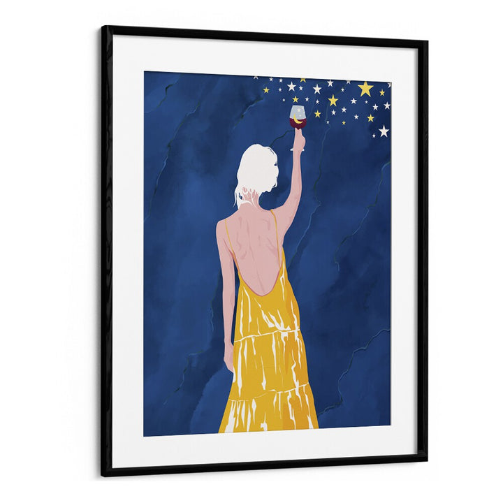 Pour Me Some Magic By Uma Gokhale Woman Illustration Paintings in Black Frame With Mount