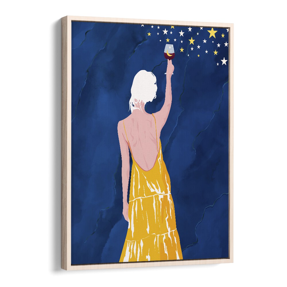 Pour Me Some Magic By Uma Gokhale Woman Illustration Paintings in Oak Wood Floater Frame