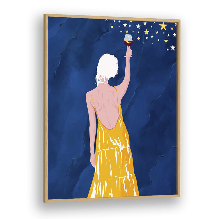 Pour Me Some Magic By Uma Gokhale Woman Illustration Paintings in Oak Wood Plain Frame