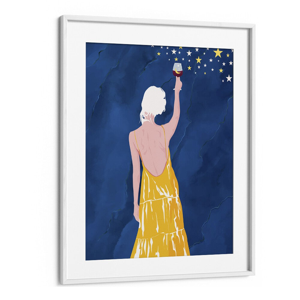 Pour Me Some Magic By Uma Gokhale Woman Illustration Paintings in White Frame With Mount