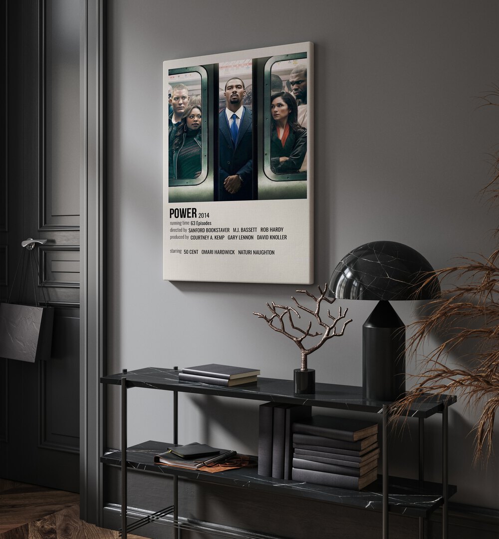 Power 2014 Movie Posters in Gallery Wrap hanging on wall above console table beside door and window