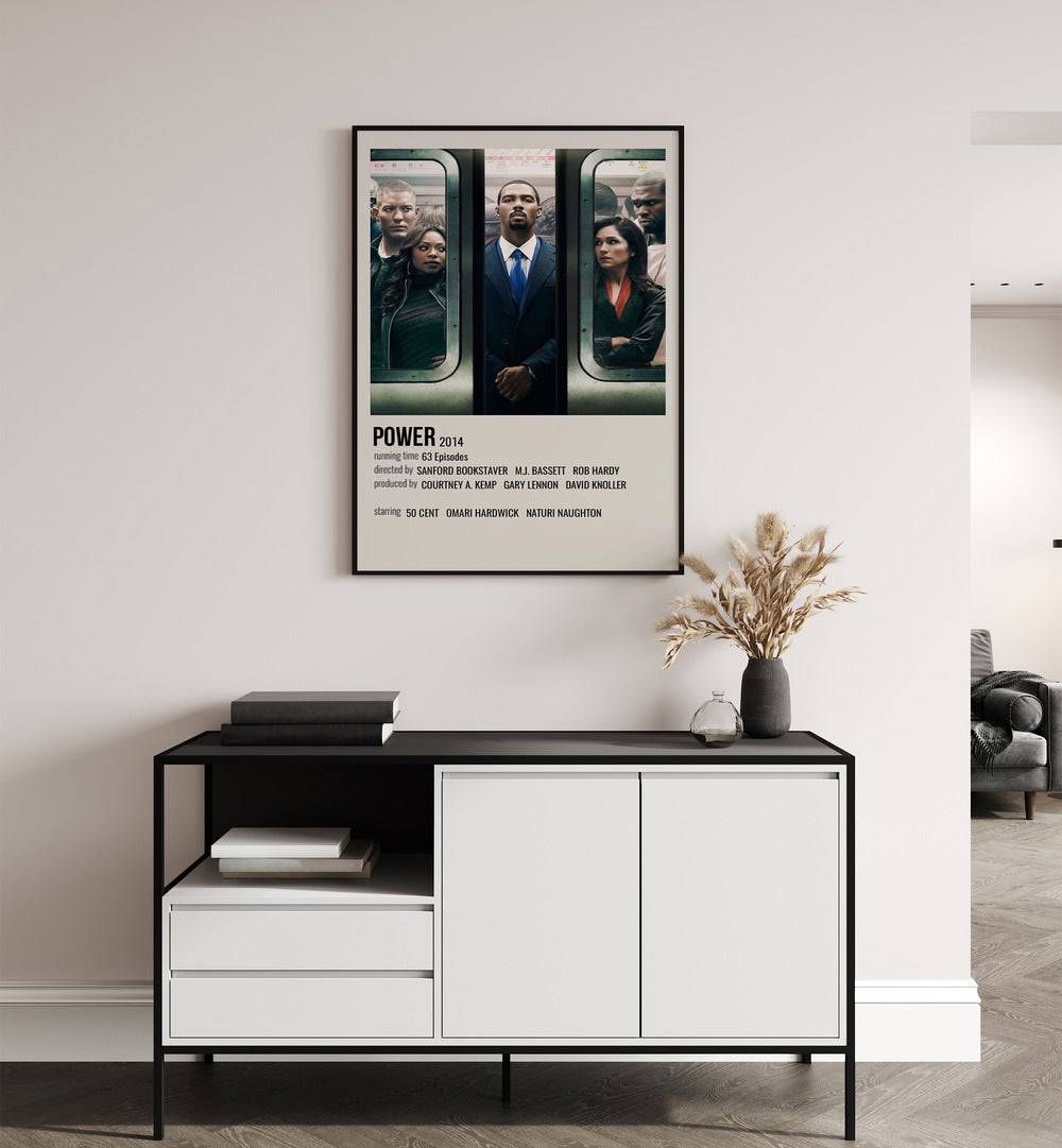 Power 2014 Movie Posters in Black Plain Frame hanging on wall above console table
