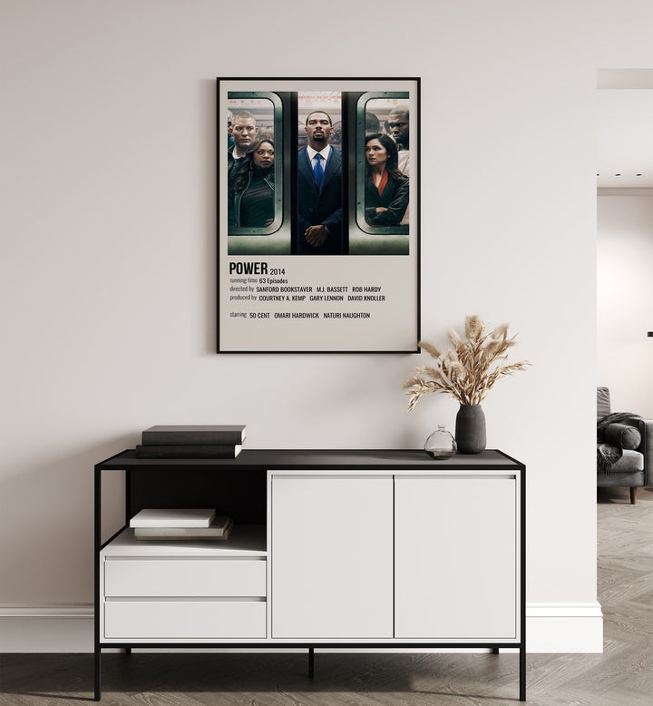Power 2014 Movie Posters in Black Plain Frame hanging on wall above console table
