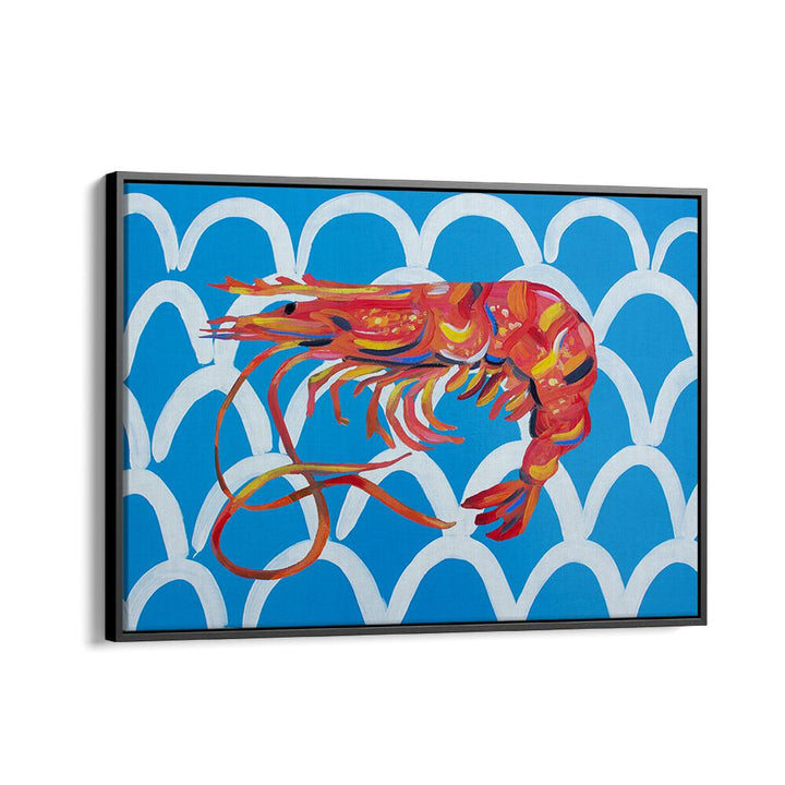 Prawn on Blue Wavey by Alice Straker Cafe Art Prints Cafe Posters in Black Floater Frame