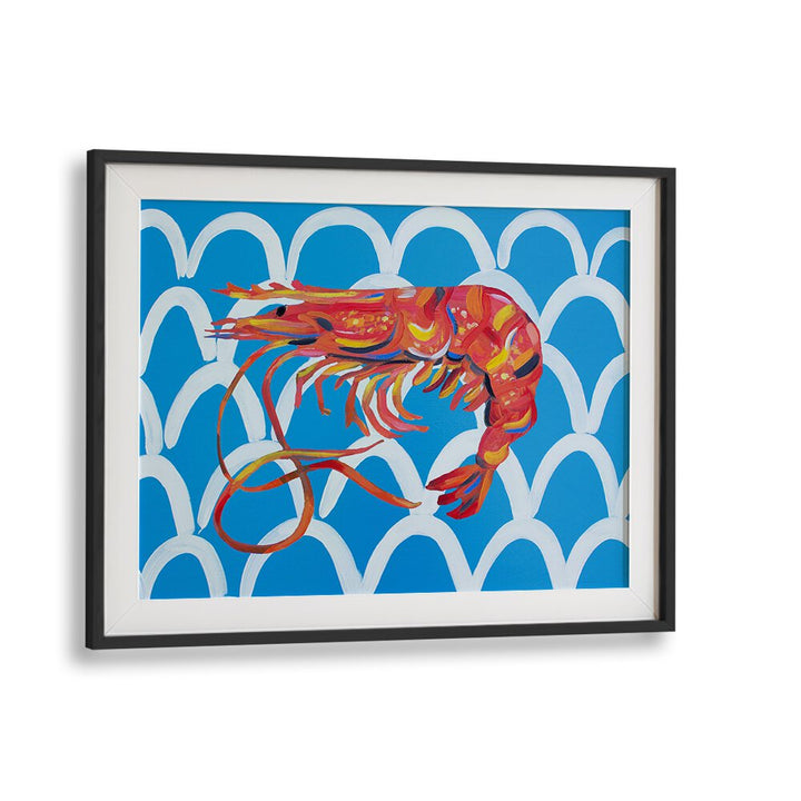 Prawn on Blue Wavey by Alice Straker Cafe Art Prints Cafe Posters in Black Frame With Mount