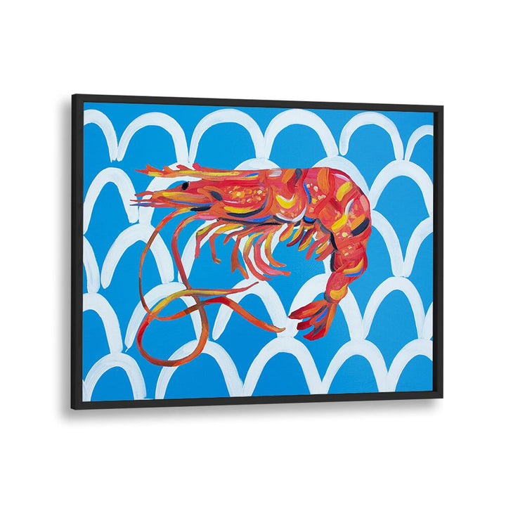 Prawn on Blue Wavey by Alice Straker Cafe Art Prints Cafe Posters in Black Plain Frame